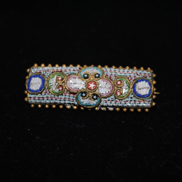 Antique Unique Micro Mosaic Bar Pin / Brooch with Feather Design - Picture 1 of 10